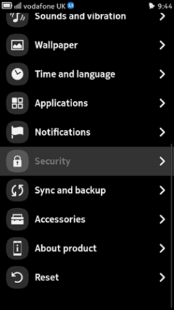Nokia N9 Security Menu 2