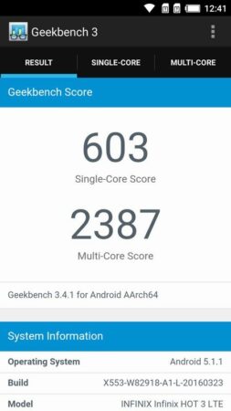 Infinix Hot 3 GeekBench