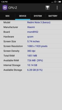 Redmi Note 3 CPU Z 3