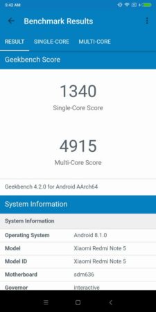 Redmi Note 5 Geekbench