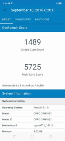 Oppo F9 Geekbench