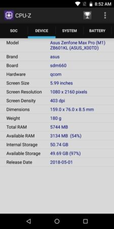 ZenFone Max Pro M1 6 GB CPU Z 2