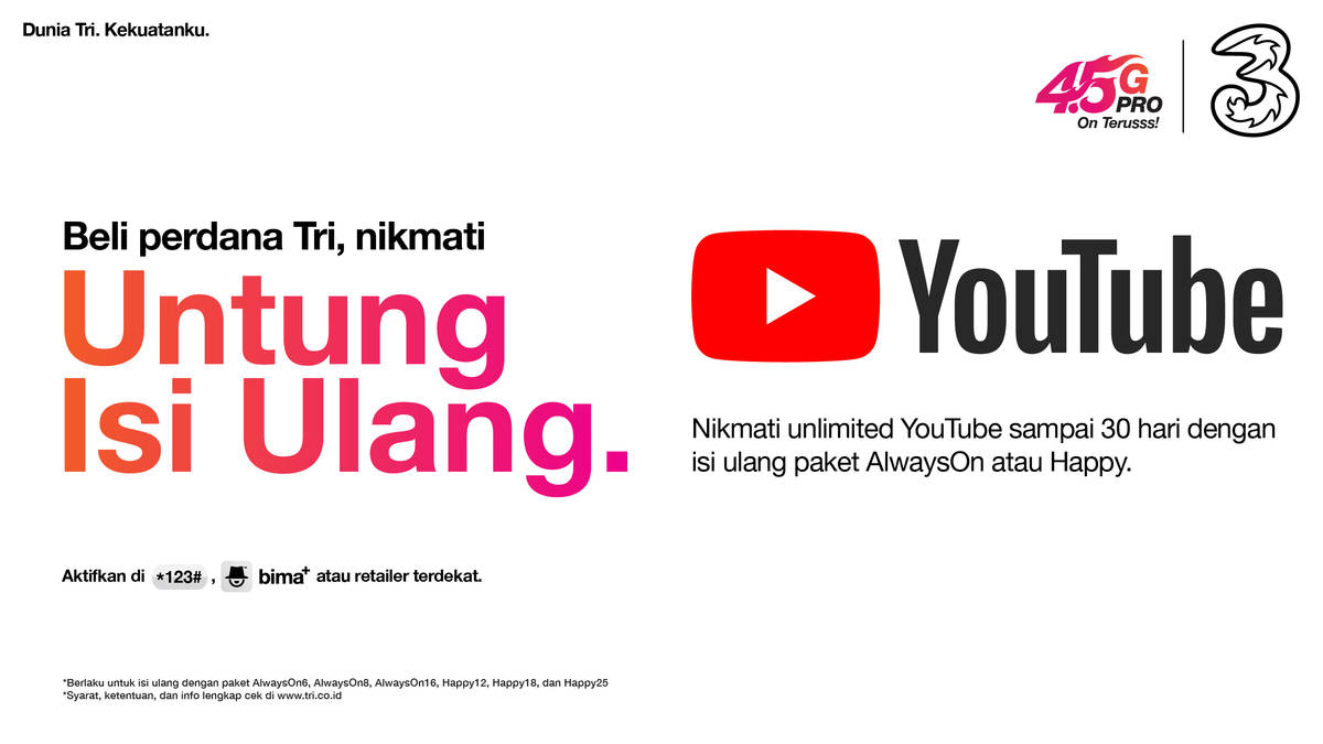 3 indonesia untung isi ulang kuota youtube unlimited