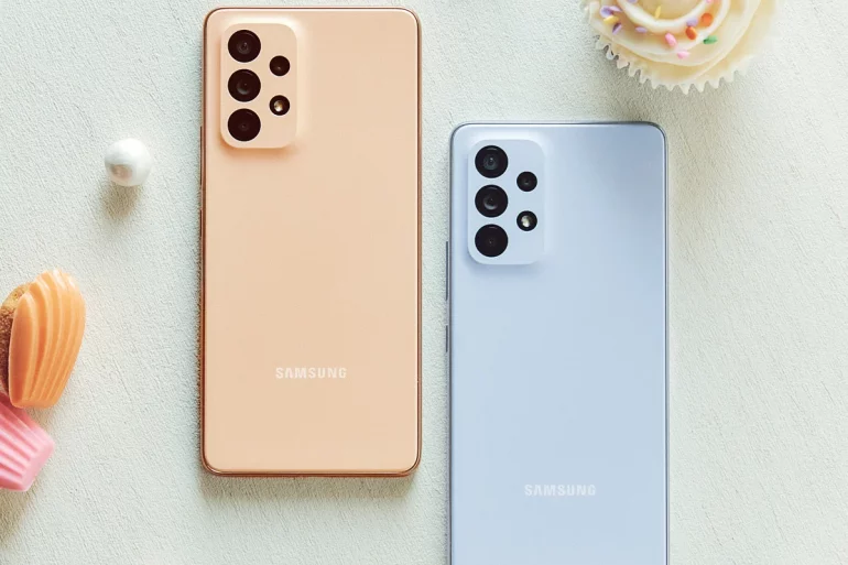 Samsung Galaxy A53 5G peach and blue 1