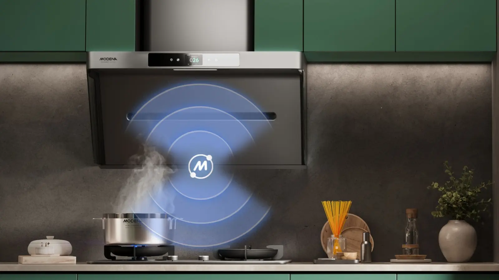 MODENA Velvet Series, Peralatan Dapur dengan Desain Flagship dan Fitur Inovatif 21 4 MODENA Chimney Cooker Hood dan Built in Hob pada Velvet Series saling terkoneksi untuk menyesuaikan daya hisap asap berdasarkan intensitas api