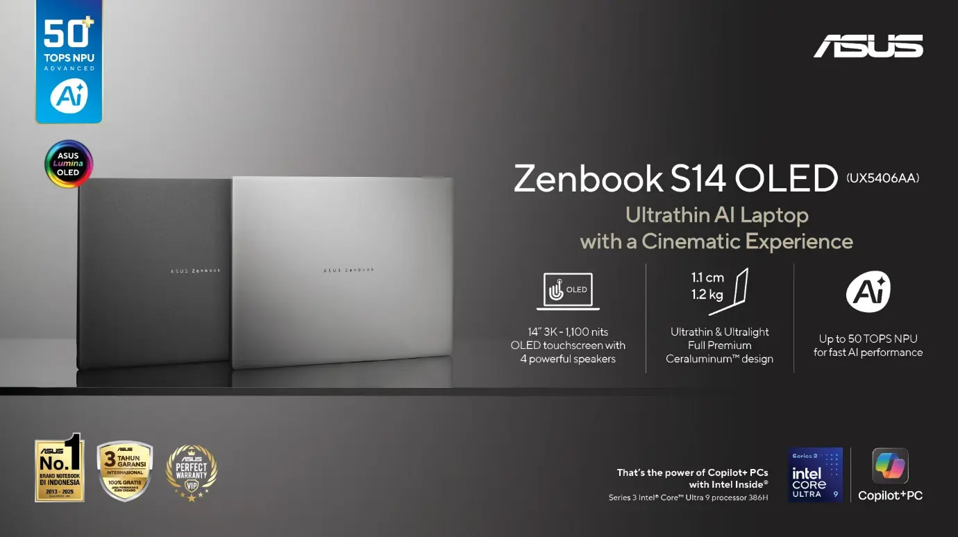 ASUS Zenbook S14 OLED (2026) UX5406AA : Laptop AI Ultra Tipis dengan Prosesor Intel® Core™ Ultra Seri 3 Pertama di Indonesia 20 asus zenbook s14 oled 2026 ux5406aa warna