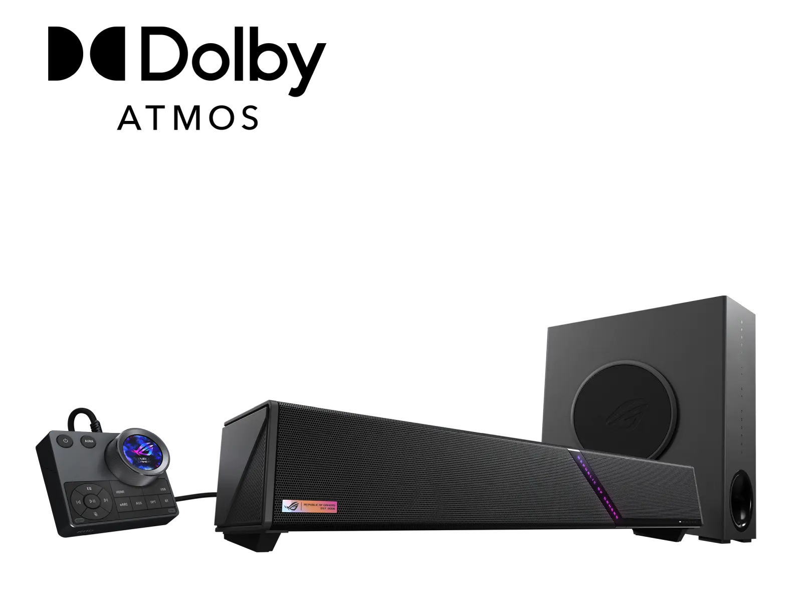 ROG Gjallar PC gaming soundbar with Dolby Atmos logo